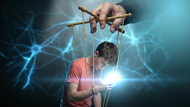 Conceptual animation of a teenage boy controlled like a marionette by his glowing smartphone, symbolizing social media addiction, manipulation by algorithms, and the impact on mental health