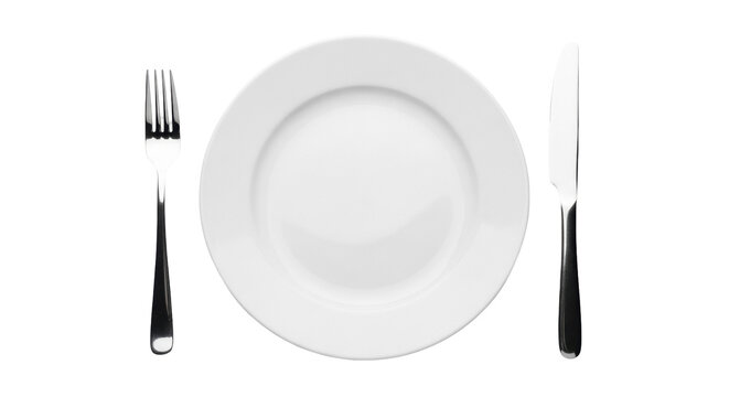 Elegant white plate with fork and knife isolated PNG, minimalist tableware set for restaurant menu and culinary design on transparent background