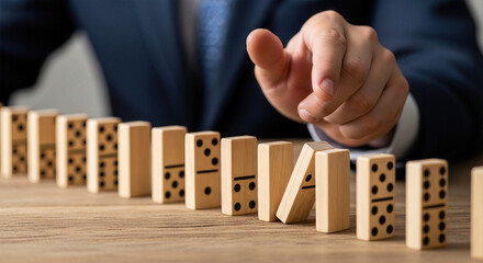 A person's hand is poised to knock over a line of dominoes, each adorned with black dots, set up on a wooden surface.