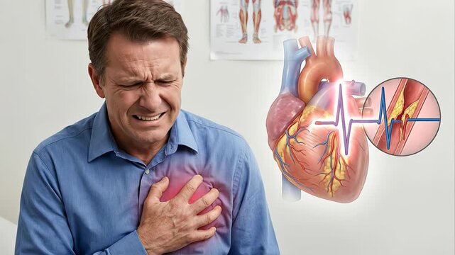 Medical animation showing a middle aged man suffering from a heart attack, with a detailed illustration of atherosclerosis, coronary artery disease, and an abnormal electrocardiogram
