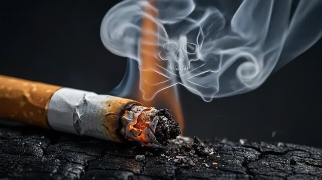 Dangerous concept of a smoldering cigarette on a charred surface releasing smoke that gradually forms a skull and crossbones symbol, representing the lethal danger of nicotine addiction