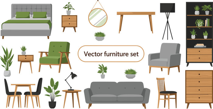 modern home furniture set illustration, living room and bedroom interior collection with sofa, bed, chair, table, plants isolated vector