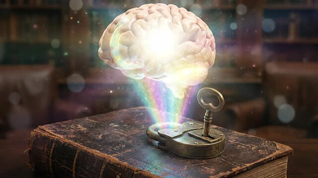 Magical rainbow light streaming from a glowing human brain unlocking a vintage padlock on an ancient book, symbolizing the power of the mind to access hidden knowledge and unlock potential