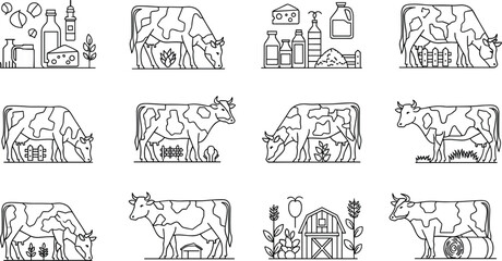 Obraz premium Dairy farm line icon set featuring holstein cows milk bottles cheese barn and organic livestock symbols for agriculture branding and food packaging design.