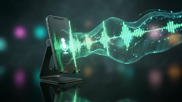 Modern smartphone on a stand using a virtual assistant for voice recognition, showing a futuristic green audio waveform on a dark background with colorful bokeh lights and reflections