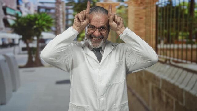 Man scientist with hoary long hair and glasses in white lab coat points index fingers to head on street, smiling broadly; playful mischief.
