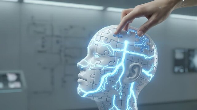 Conceptual video of a hand placing the final puzzle piece on an ai humanoid head, activating a glowing blue network representing the brain's neural connections and intelligent thought processes