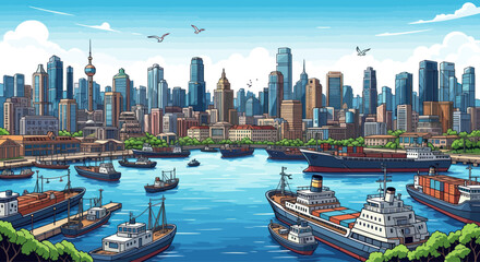 Pixel Art Harbor Cityscape with Cargo Ships and Skyline