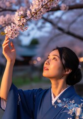 Obraz premium Emotional Close-up Of Young Woman Admiring In Wonder Cherry Blossoms In Japan