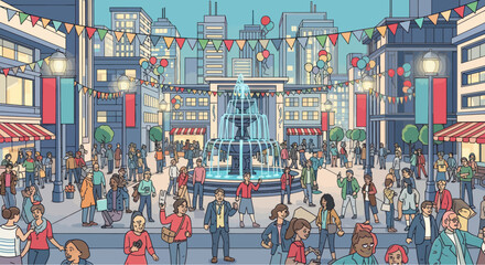Busy City Square with Fountain and People, Festive Decorations, Lively Urban Scene © kopi