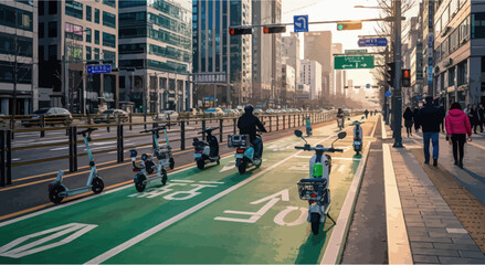 Obraz premium Electric Scooters and Motorbikes on Green Bike Lane in Modern City Street