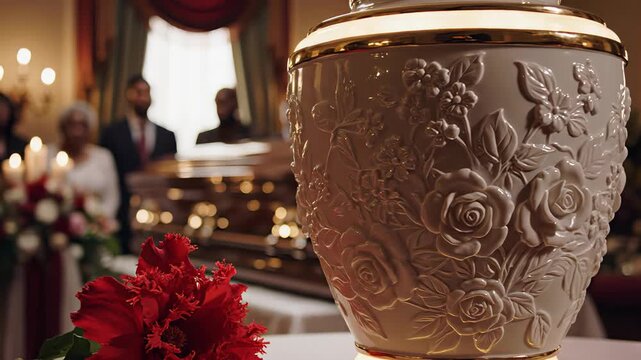 Close up of a white cremation urn with floral relief and a red carnation, standing on a table during a funeral service with mourners and a casket visible in the background of the ceremony hall