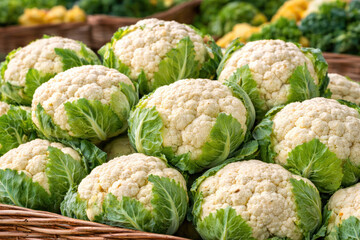 Obraz premium Fresh organic cauliflower heads displayed at a farmers market stall. 
