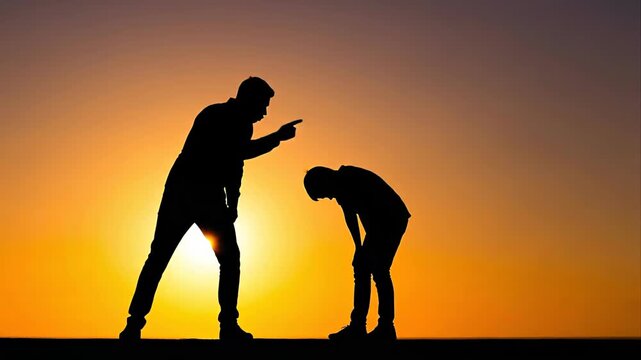 Dramatic silhouette of an angry man shouting and pointing his finger at a sad, submissive child, representing a difficult family relationship, conflict, and child abuse at sunset