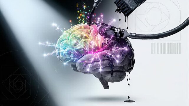 Paintbrushes applying black paint to a creative, colorful, and glowing brain, representing the clash between rational logic and artistic imagination, and the power of artificial intelligence