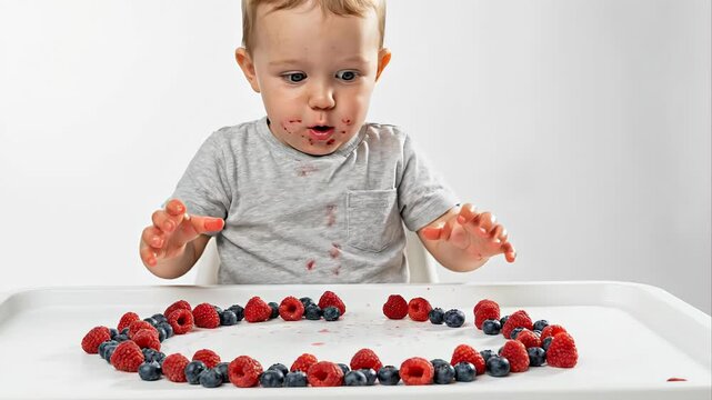 Adorable messy toddler sitting in a high chair, joyfully playing with and eating fresh organic raspberries and blueberries arranged in a heart shape, isolated on a clean white background