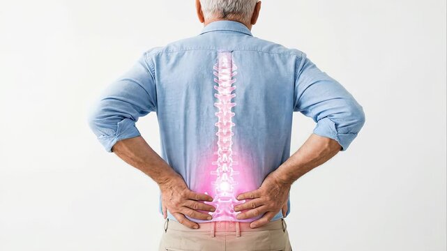 Older man suffering from severe lower back pain, with a glowing red visualization of the inflamed human spine, isolated on a white background. Musculoskeletal disease or injury concept