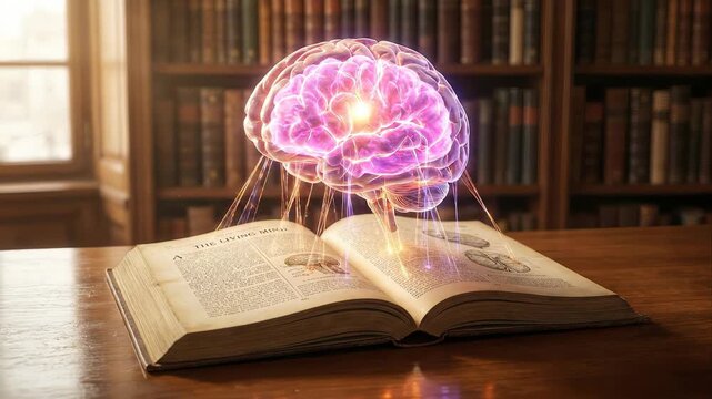 Glowing human brain hovering over an old, open book on a wooden desk inside a classic library, absorbing information through luminous neural connections in a powerful visualization of learning