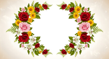 Fototapeta premium Colorful floral wreath with red, pink roses and green leaves on white