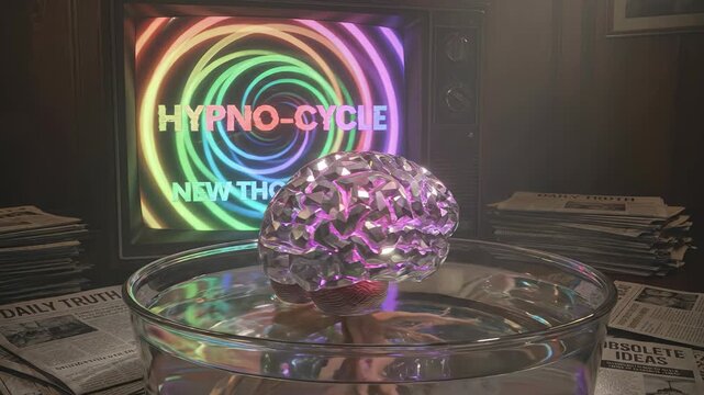 Conceptual animation of a pulsating crystal brain being brainwashed by subliminal messages from a vintage television, surrounded by newspapers with headlines like 'daily truth' and 'obsolete ideas'