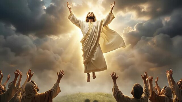 Glorious depiction of jesus christ ascending into heaven, surrounded by divine light and clouds, as his devoted disciples watch from below with their hands raised in worship and prayer