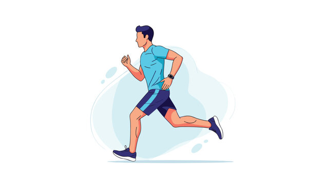 Active man in sportswear runs dynamically across a soft blue abstract background to promote health, fitness, and a regular running habit.