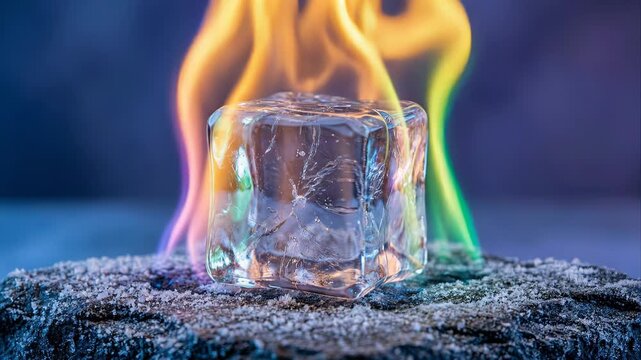 Ice cube on a frozen stone melting under the heat of a burning flame that changes from orange to a mix of vibrant rainbow colors, symbolizing the contrast between hot and cold. asmr