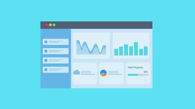 Animated flat dashboard interface displaying charts, graphs, and data panels in a browser window. Concept for data analytics, business reporting, statistics monitoring, and digital technology visualiz
