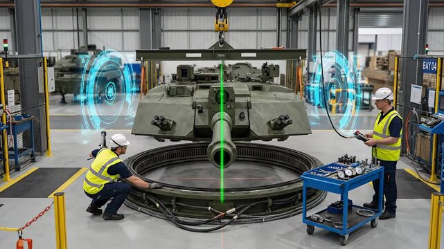 Factory workers using an overhead crane and augmented reality interface with holographic data to precisely assemble a modern armored vehicle turret in a high tech manufacturing facility