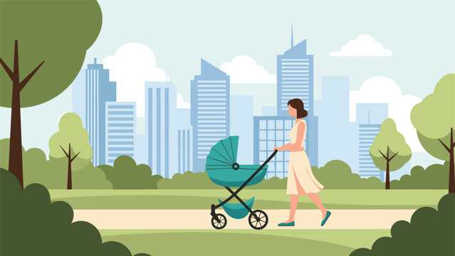Woman pushes a baby stroller along a path in a city park with high rise buildings and trees in the background.