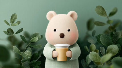 Quokka, Quokka holding iced coffee cup in a pastel garden setting, high-quality vibrant image.