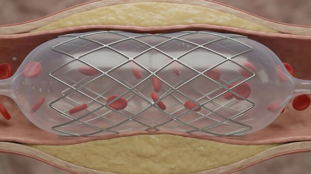 Medical animation showing a balloon angioplasty procedure where a stent is deployed to open a narrowed artery, pressing cholesterol plaque against the vessel wall and restoring normal blood flow