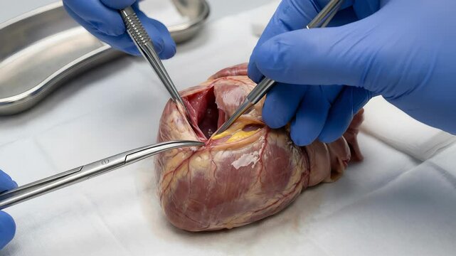 Gloved hands of medical students or surgeons using surgical instruments like forceps, scissors, and a scalpel to dissect a pig heart for a medical anatomy and physiology lesson in a laboratory