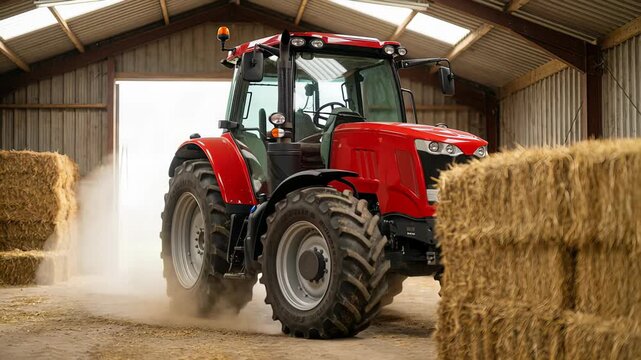 Modern heavy duty red agricultural tractor starting its engine and driving out of a barn, stirring up dust from the ground, ready for field work surrounded by haystacks on a rural farm