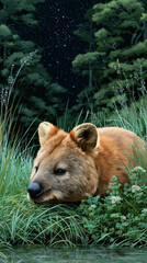 Fototapeta premium Quokka, Quokka lying on grass watching stars in a flat illustration style, high fidelity digital artwork.