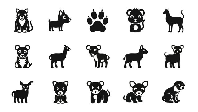 Collection of cute cartoon dog icons in silhouette