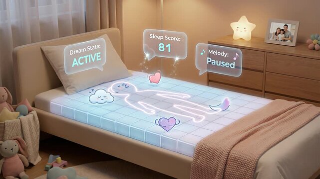 Futuristic smart mattress with augmented reality interface monitoring a child's sleep quality, tracking dream state, rem cycle, and heart rate for advanced health and wellness analysis