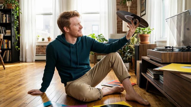 Smiling redhead man sitting barefoot on the floor of a sunny apartment, playfully spinning a vinyl record on his finger before placing it on a vintage turntable to enjoy music