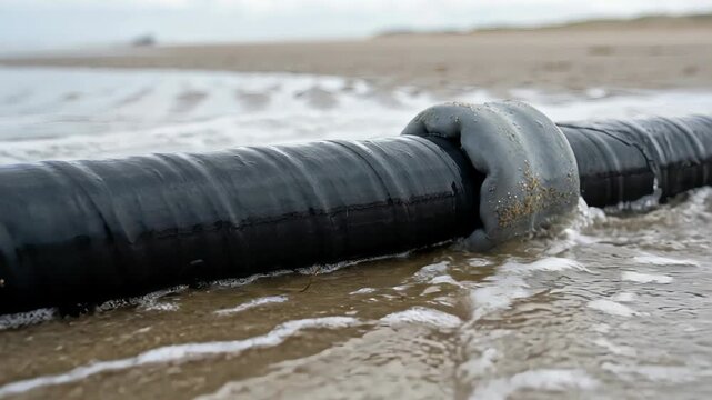 Close up of a damaged submarine communication cable washed up on a sandy beach, with ocean waves gently breaking over its surface, highlighting potential global internet connectivity disruption