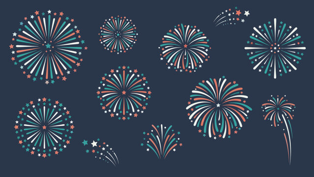 Collection of abstract colorful bursts of fireworks on a dark background