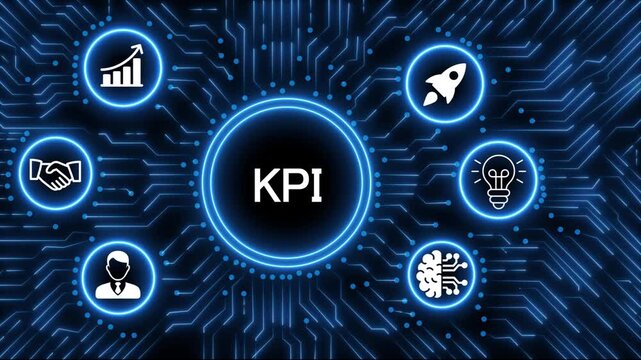 Digital technology concept with glowing neon circuit board radiating from a central processor displaying the word KPI surrounded by business.4k animation 