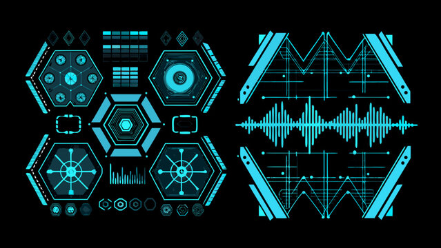 Futuristic interface elements with glowing cyan lines and hexagonal shapes