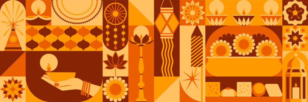 Diwali celebration banner with traditional items