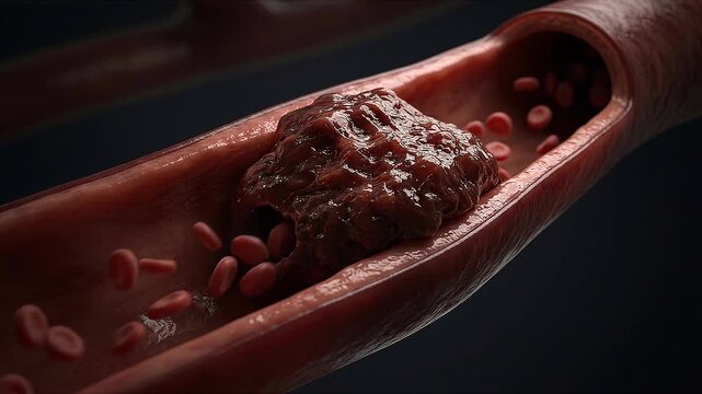 Blood clot formation in vein observed in detailed medical study over several frames