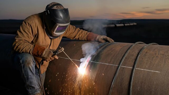 Industrial worker wearing a protective mask welding a large diameter steel pipe for a gas pipeline, with bright sparks and blue smoke rising against the evening sky during construction