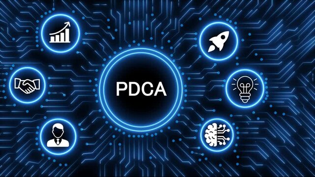 PDCA technology concept with glowing neon circuit board radiating from a central processor displaying the word COST surrounded by business.4k animation 