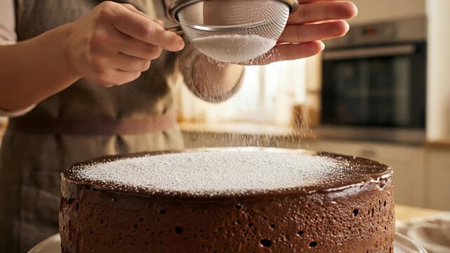 Professional baker in an apron using a sieve to sprinkle sweet confectioner's sugar over a delicious, freshly made chocolate cake with a glossy ganache topping in a cozy kitchen