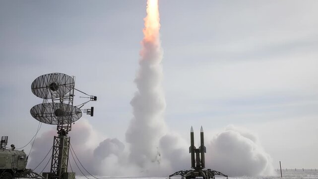 Military rocket system launching a ballistic missile from a snowy field during a test exercise, with a mobile radar command vehicle standing by and smoke billowing from the launcher