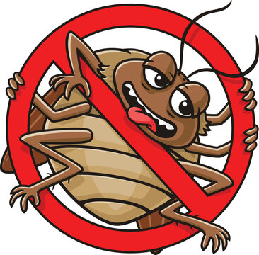 Pest control mascot cartoon with a cockroach image inside a red circle