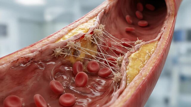 Scientific visualization of thrombosis, showing platelets and fibrin forming a blood clot on a ruptured atherosclerotic plaque within a narrowed artery, obstructing the flow of red blood cells